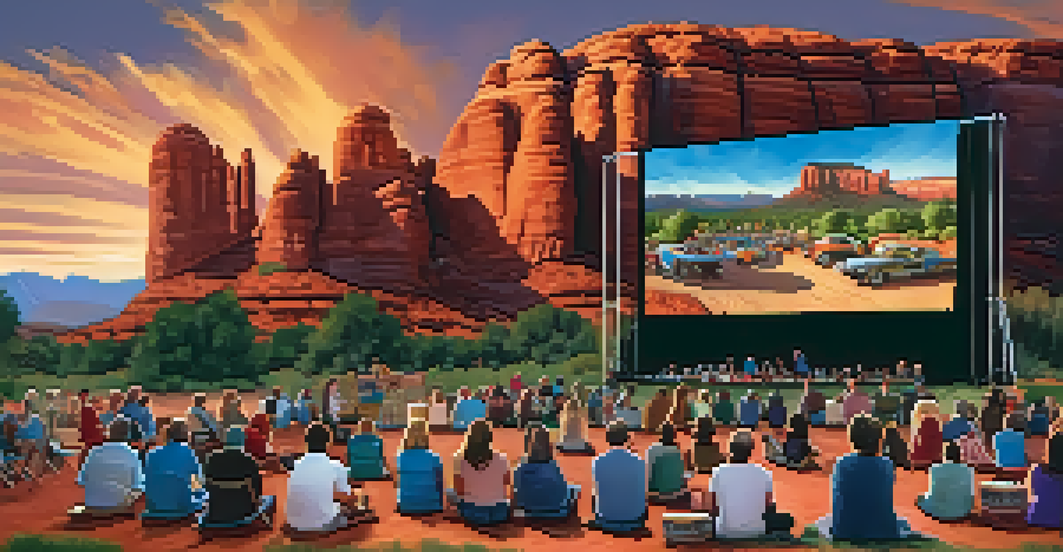 Families gathered at an outdoor movie night event at the Sedona Heritage Museum, with a large screen and red rocks in the background.