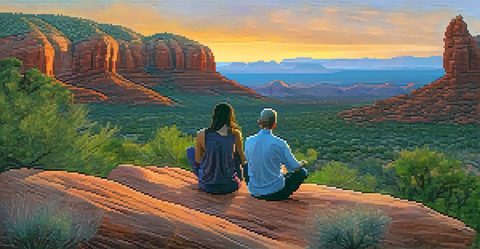 A person meditating on a rock with Sedona's red rock formations in the background during sunset.