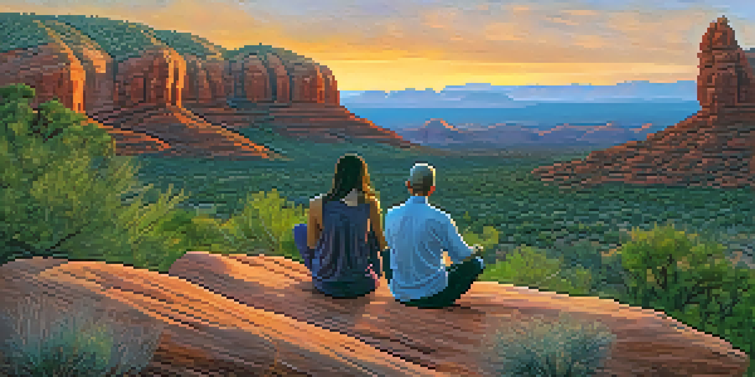 A person meditating on a rock with Sedona's red rock formations in the background during sunset.