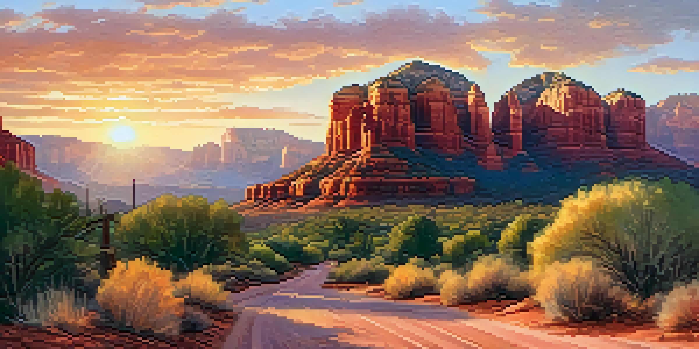 A scenic sunrise view of Sedona, Arizona, with red rock formations and historic adobe buildings.