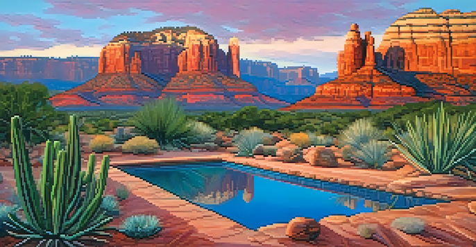 A picturesque view of Sedona's red rocks at sunset, with a reflecting pool and desert plants.