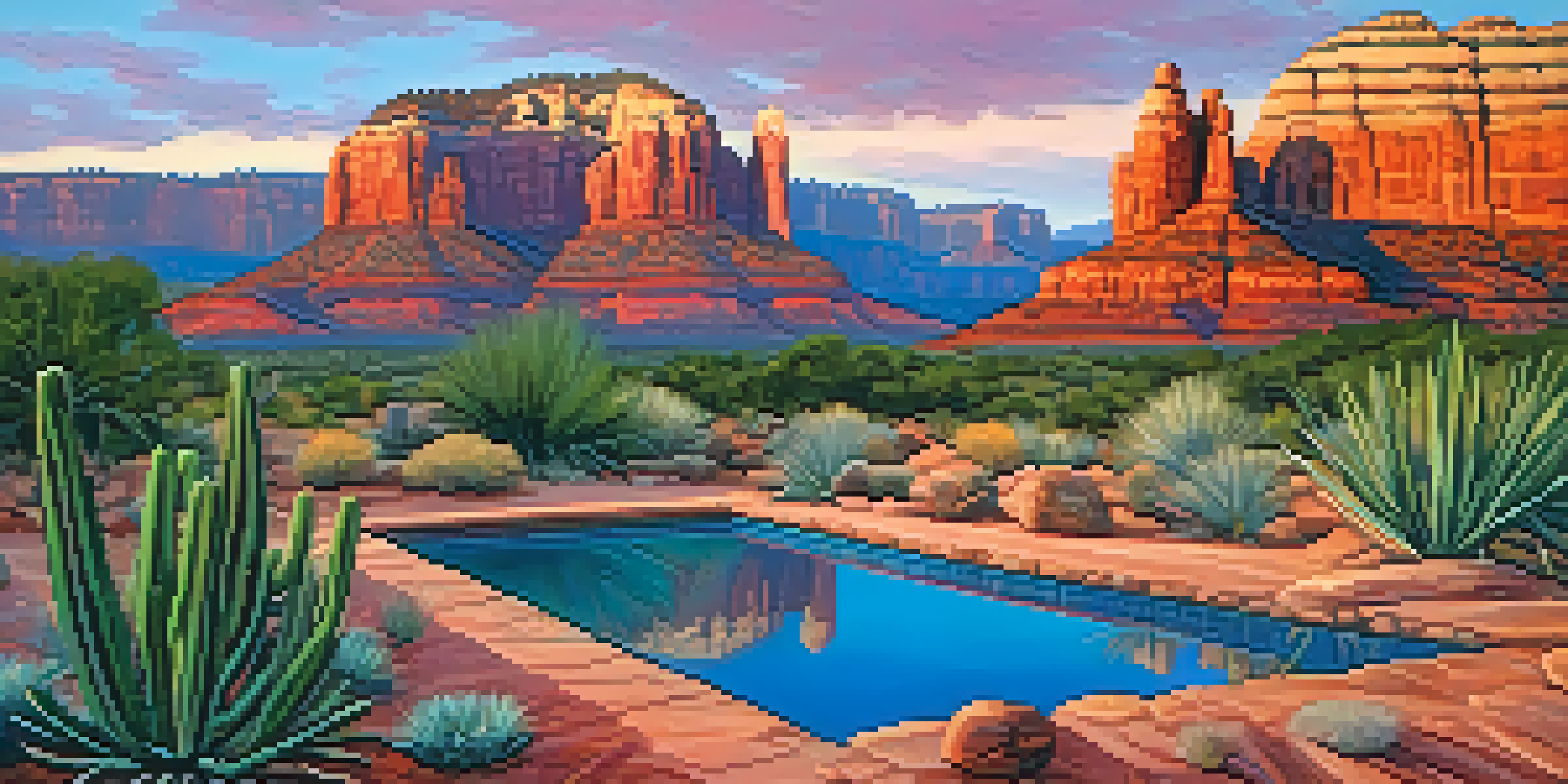 A picturesque view of Sedona's red rocks at sunset, with a reflecting pool and desert plants.