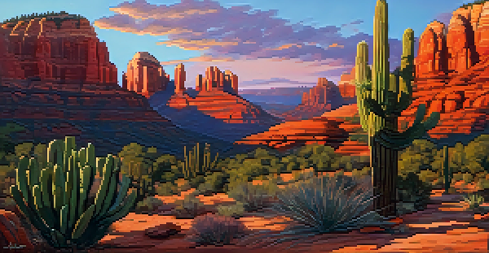 A vivid sunset illuminating the red rock formations of Sedona with a cactus silhouette in the foreground.
