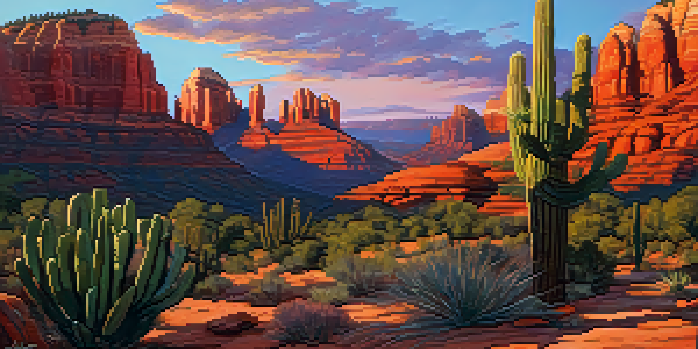 A vivid sunset illuminating the red rock formations of Sedona with a cactus silhouette in the foreground.