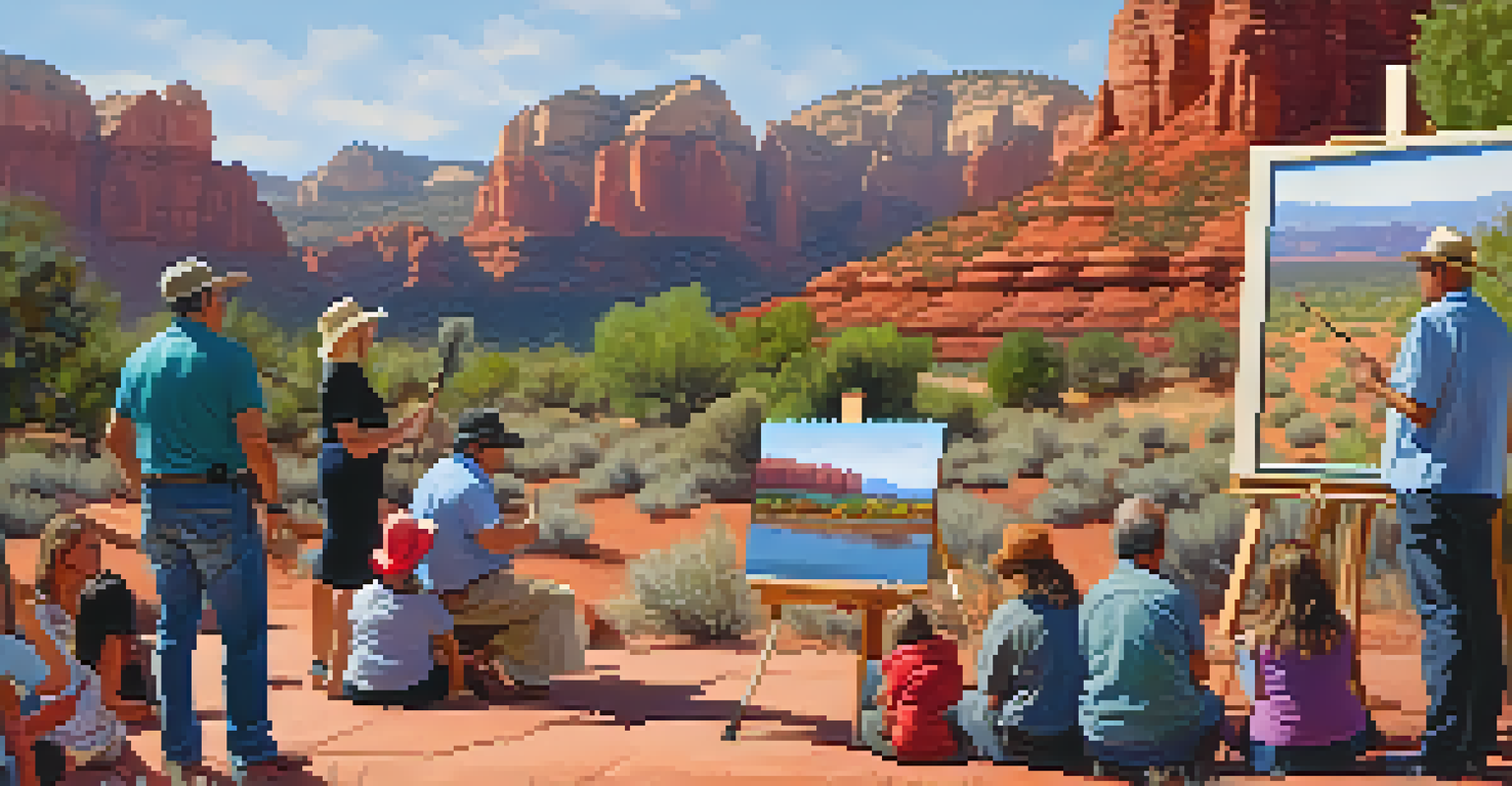 An artist painting during Sedona's art walk, with spectators admiring the vibrant landscape and the surrounding community atmosphere.