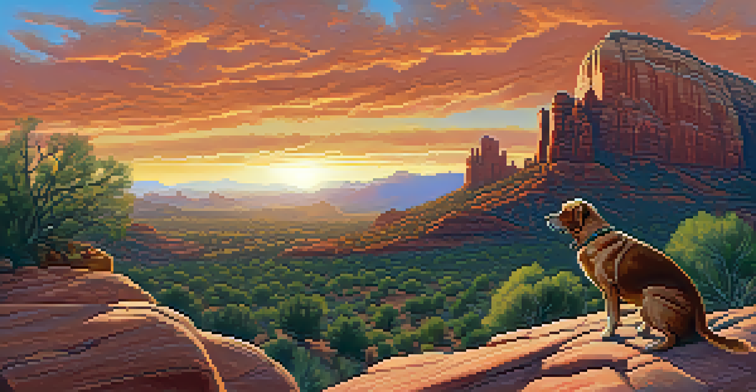 A sunset view on Cathedral Rock Trail with a dog and its owner against a backdrop of stunning red rocks and a vibrant sky.