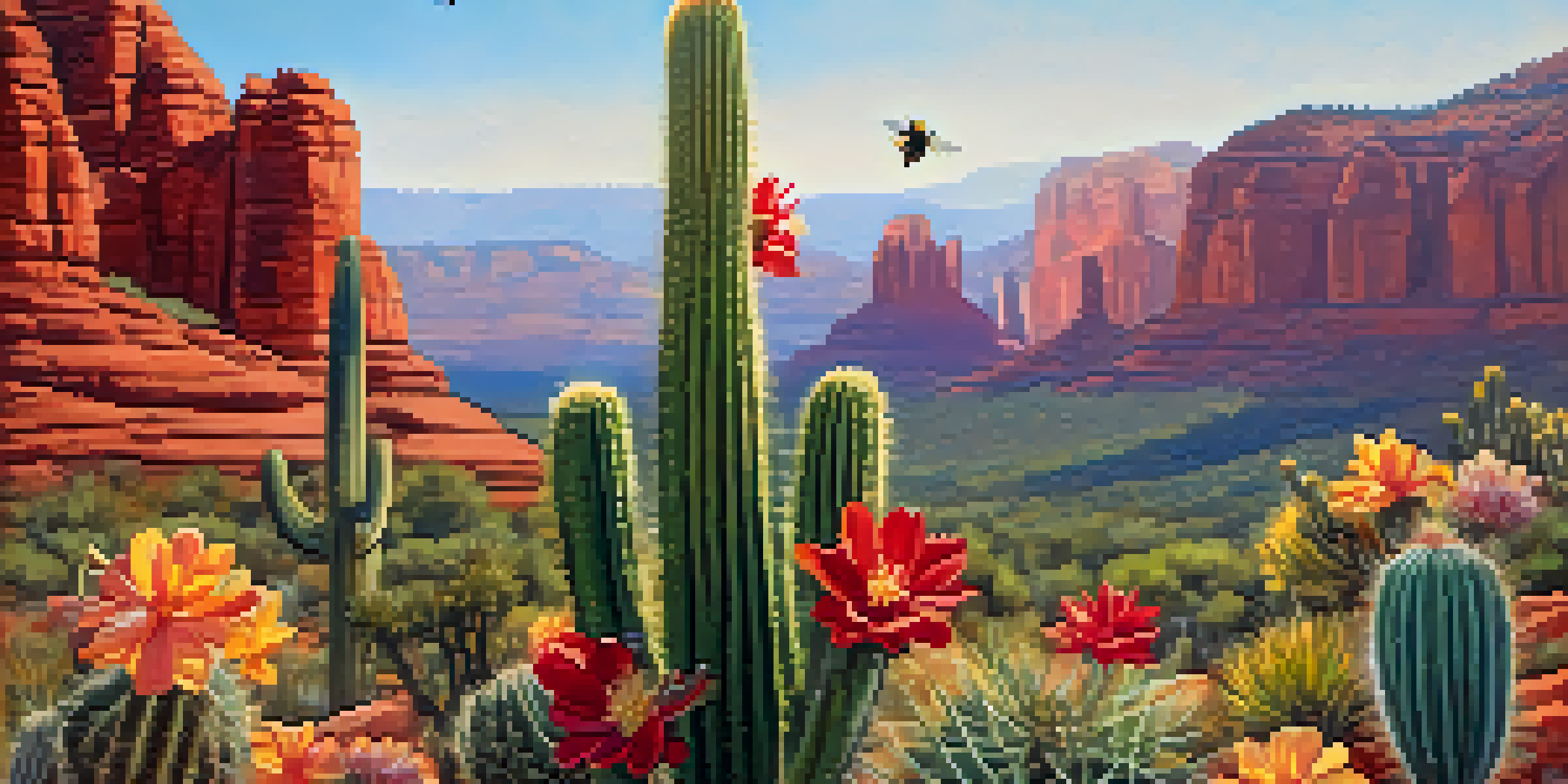 A close-up view of colorful cactus flowers with bees and butterflies around them, set against Sedona's iconic red rock formations.