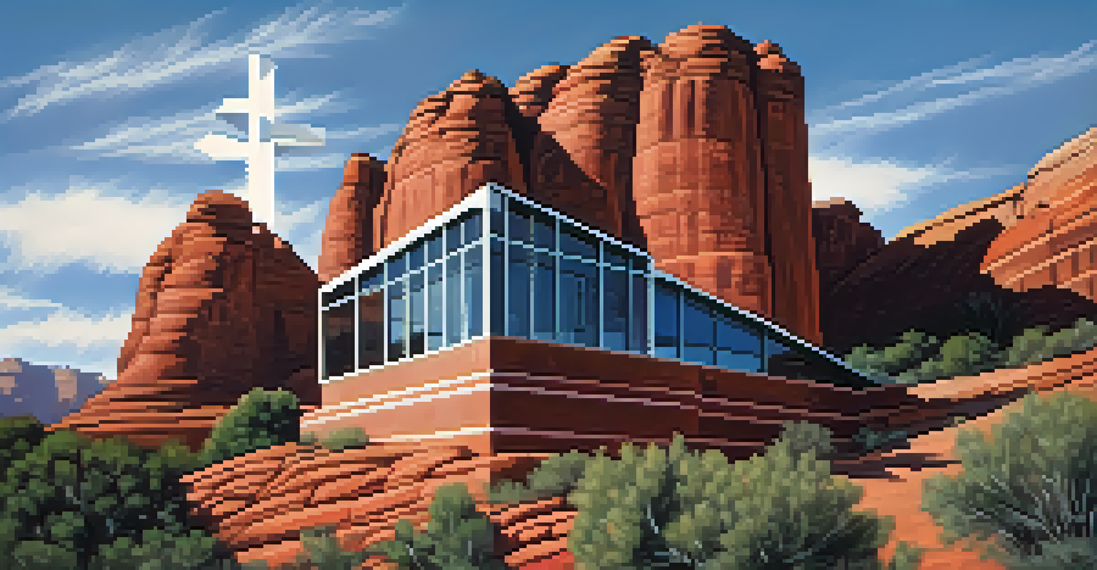 The Chapel of the Holy Cross nestled in red rocks, featuring its distinctive architecture against a clear blue sky.