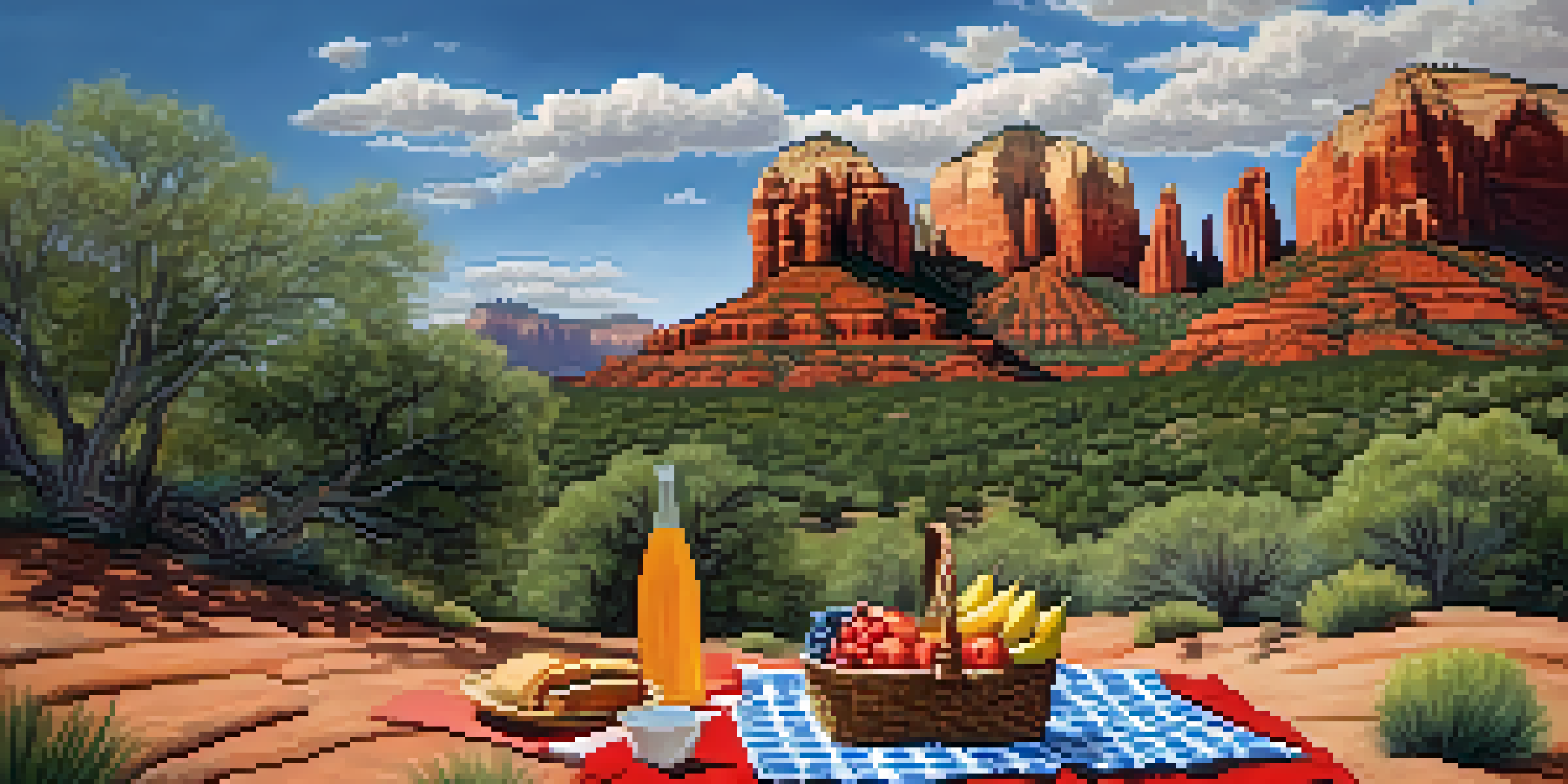 A scenic picnic setup at Cathedral Rock with a checkered blanket, picnic basket, and beautiful red rock formations in the background.