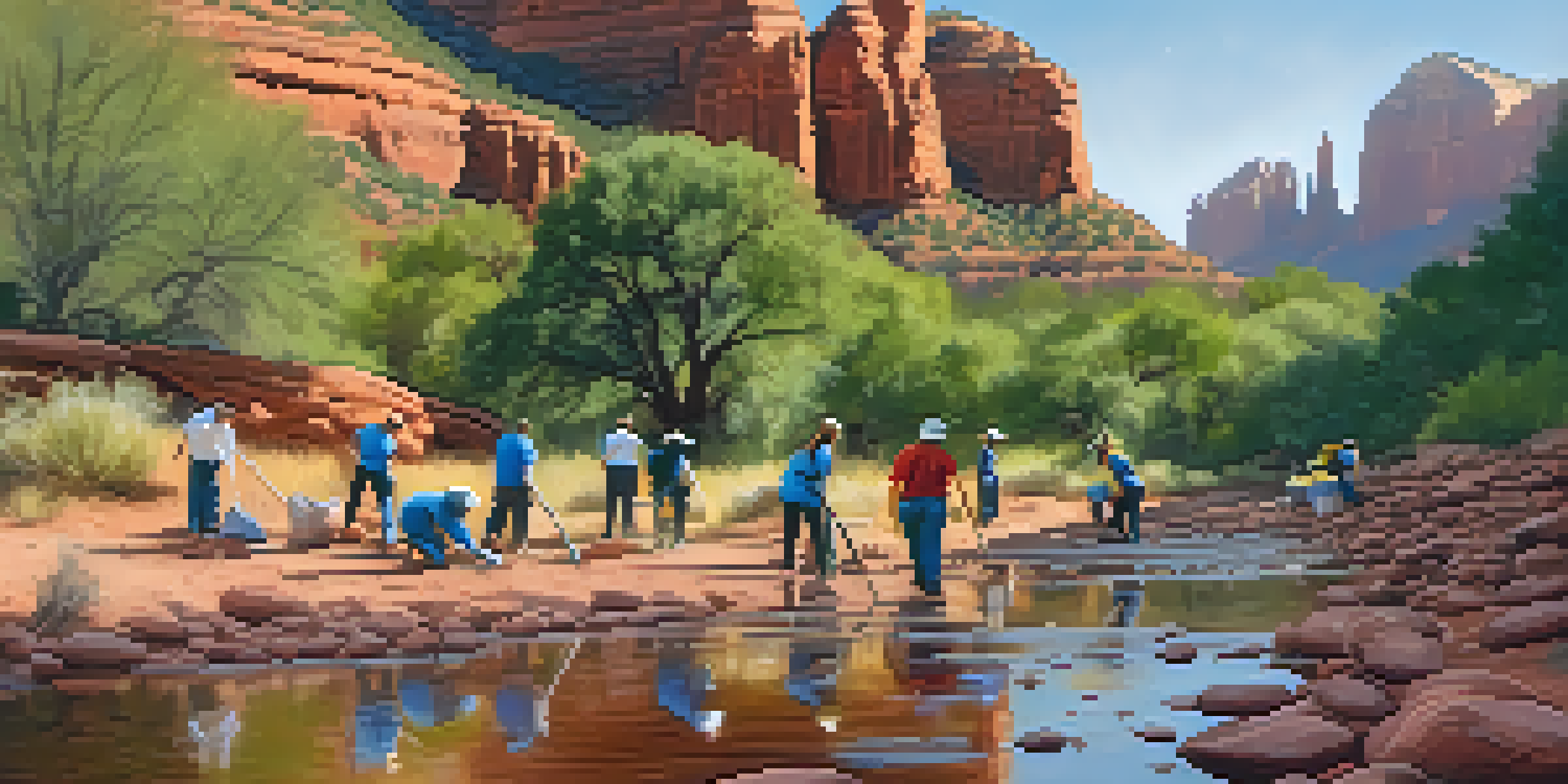 A group of diverse volunteers cleaning up Oak Creek in Sedona, surrounded by red rock formations and greenery under warm sunlight.