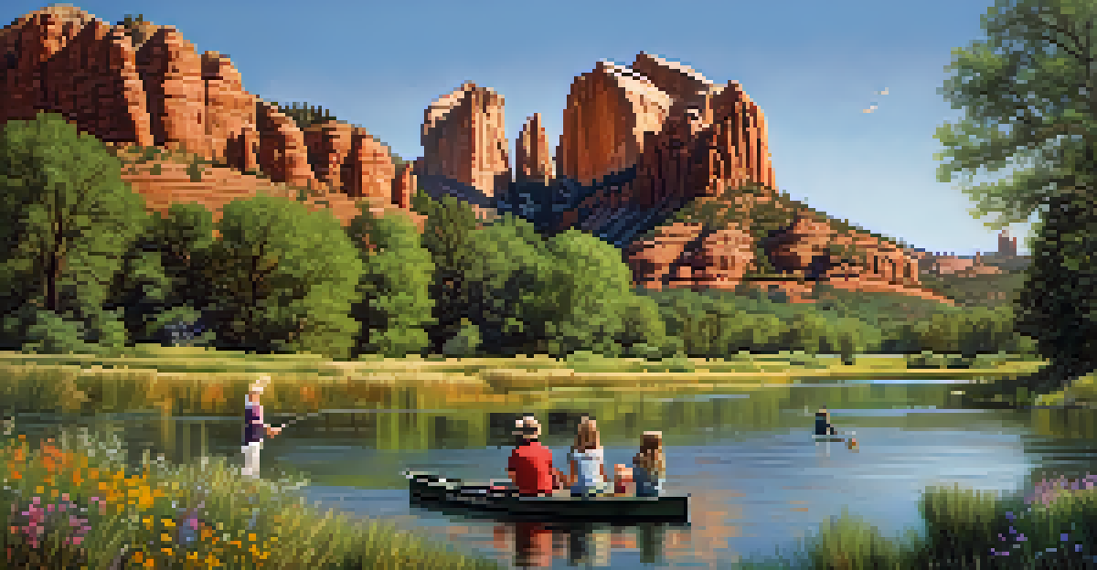 A family fishing at Crescent Moon Ranch with children by the water, Cathedral Rock in the background, and a sunny day.