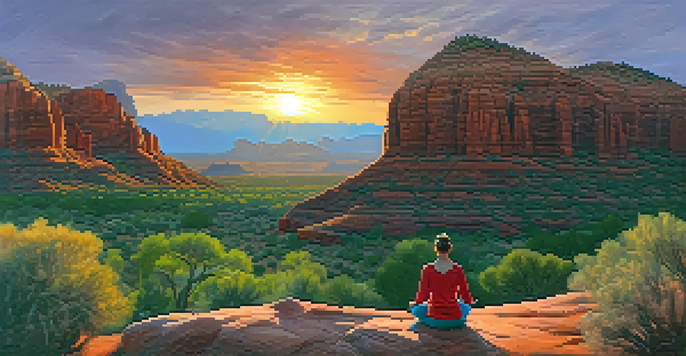 A tranquil person meditating on a boulder in Sedona, surrounded by red rock formations and a colorful sunset sky.