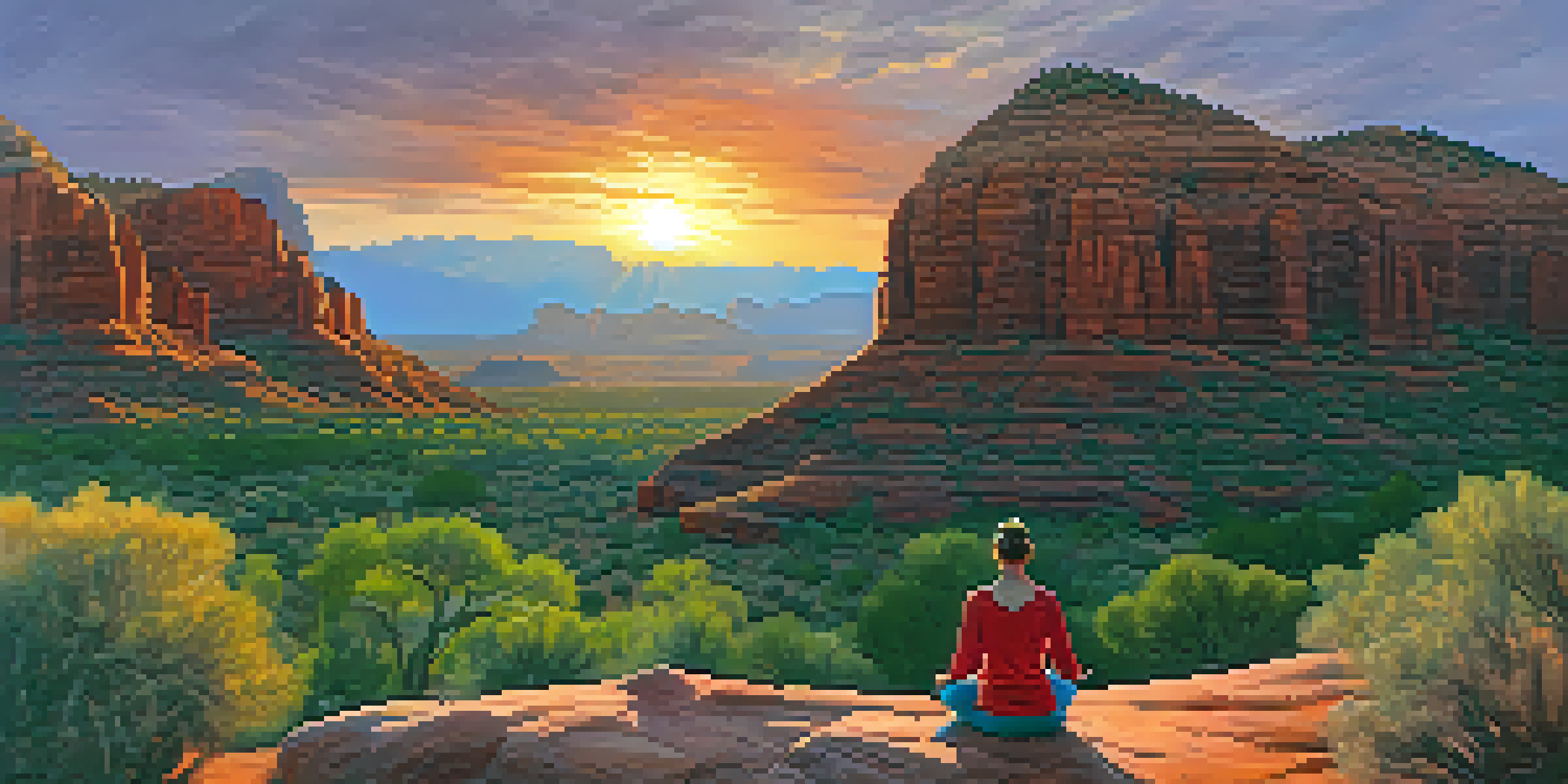 A tranquil person meditating on a boulder in Sedona, surrounded by red rock formations and a colorful sunset sky.