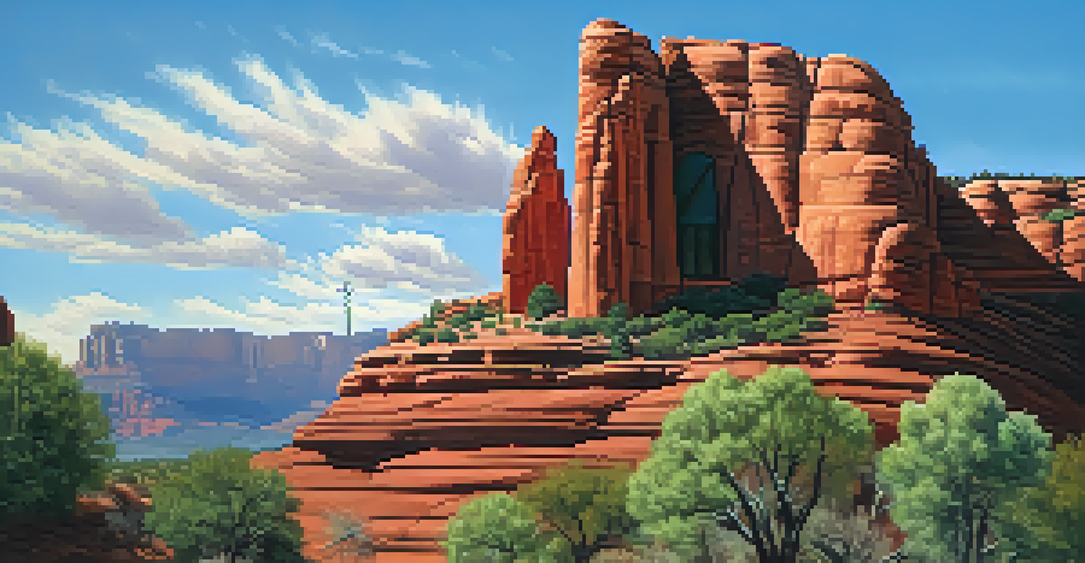 The Chapel of the Holy Cross on a red rock cliff with a clear sky and vibrant landscape of Sedona in the background.