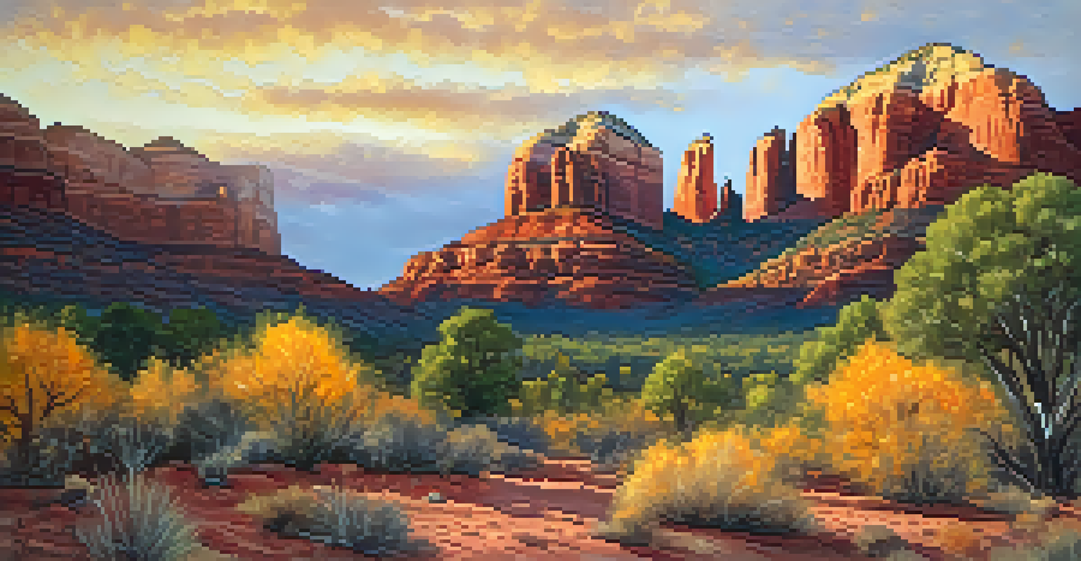 A beautiful autumn scene in Sedona, with colorful leaves and red rock formations illuminated by the setting sun.