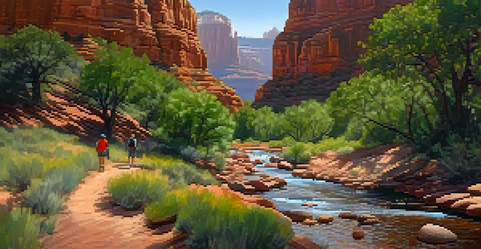A picturesque view of Oak Creek Canyon with a winding path, red rock formations, and hikers in the scene.