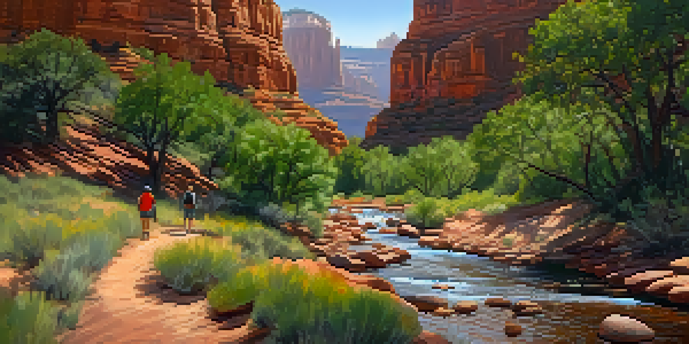 A picturesque view of Oak Creek Canyon with a winding path, red rock formations, and hikers in the scene.