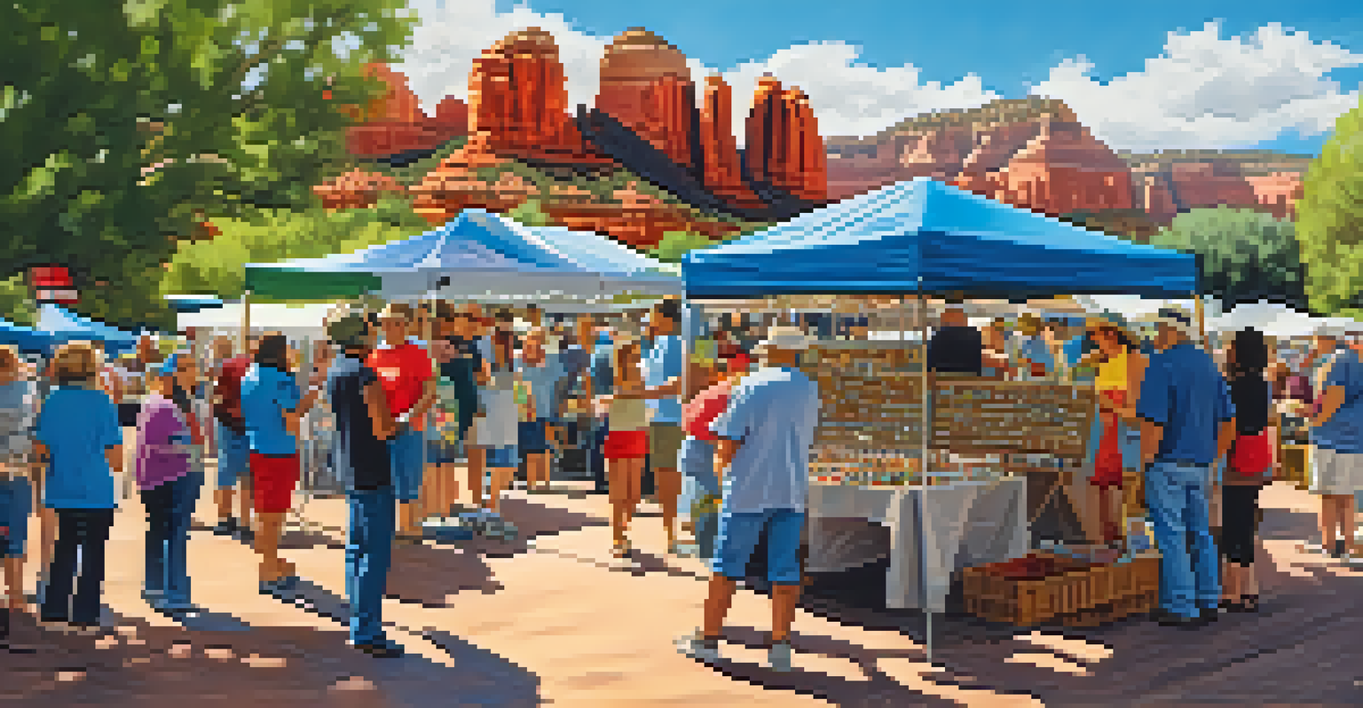 Volunteers assisting at the Sedona Arts Festival, with vibrant art displays, people interacting, and a festive atmosphere under a blue sky.