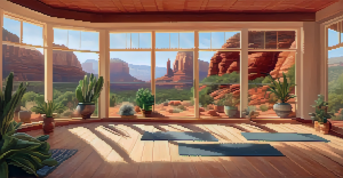 A bright and inviting yoga studio with large windows revealing red rock landscapes, wooden floors, and yoga mats arranged for practice.