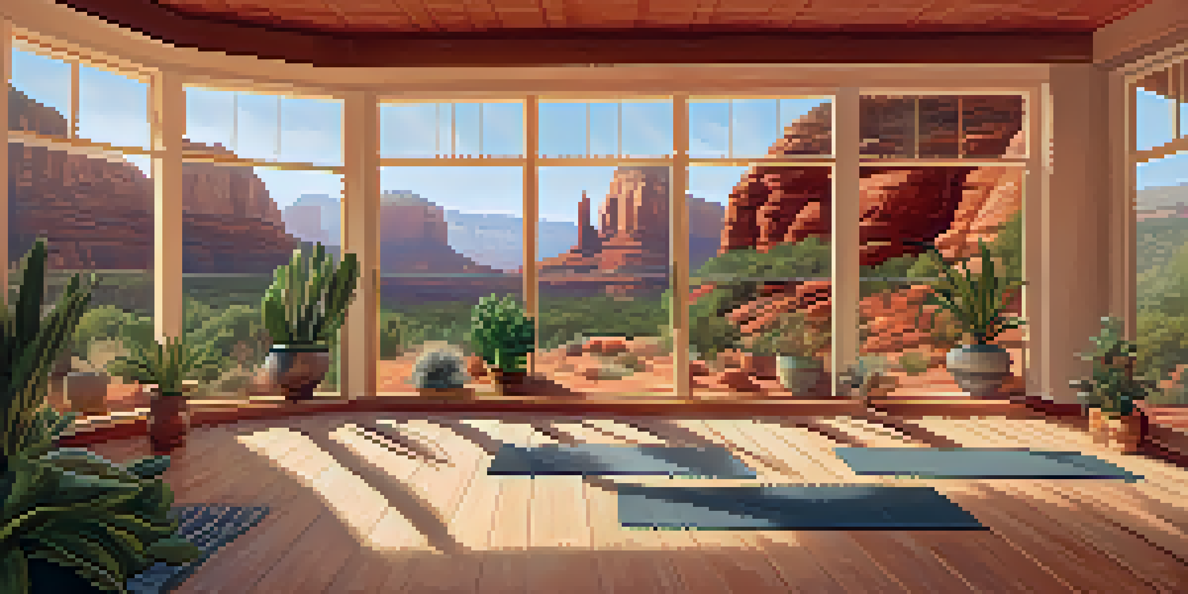 A bright and inviting yoga studio with large windows revealing red rock landscapes, wooden floors, and yoga mats arranged for practice.
