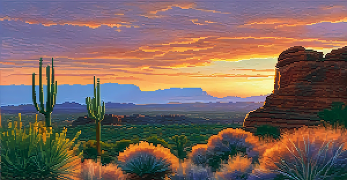 A beautiful sunset over red rock formations in Sedona, Arizona, with vibrant colors in the sky and desert plants in the foreground.