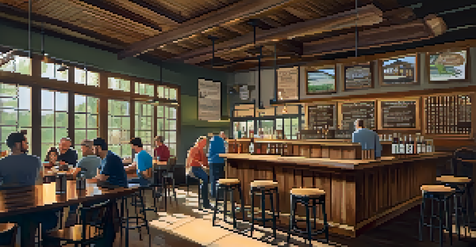 The cozy interior of Oak Creek Brewery with patrons sampling craft beers at a wooden bar, sunlight streaming through windows and a chalkboard menu.