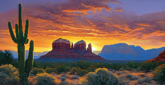 Sunset view of Sedona's red rock formations with a cactus in the foreground.