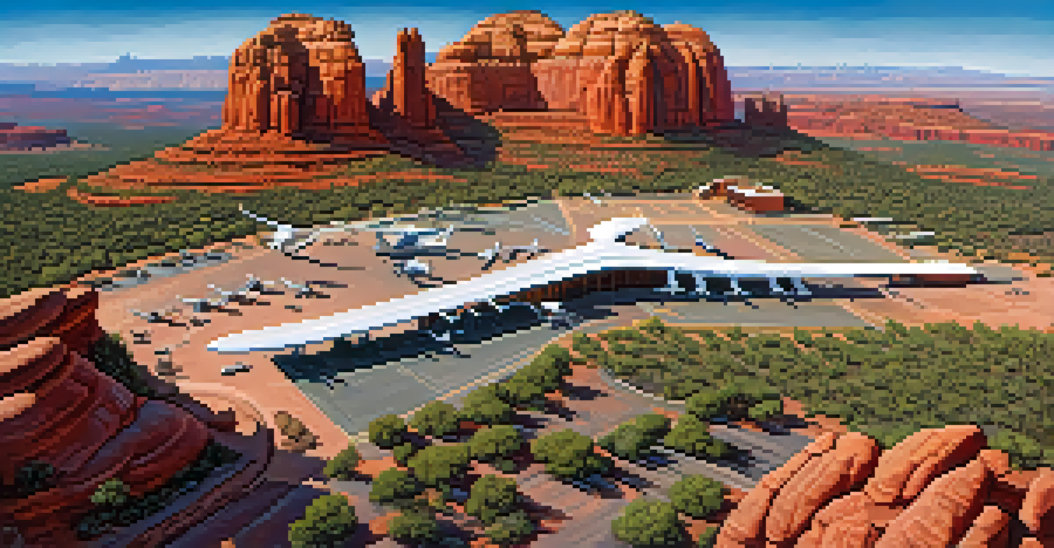 Aerial view of Airport Mesa showing red rock formations and hikers against a blue sky.