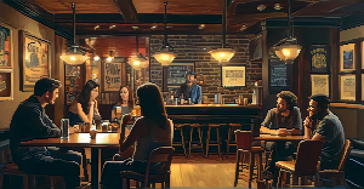 A cozy café with a local rock band performing to an engaged audience under warm lighting.