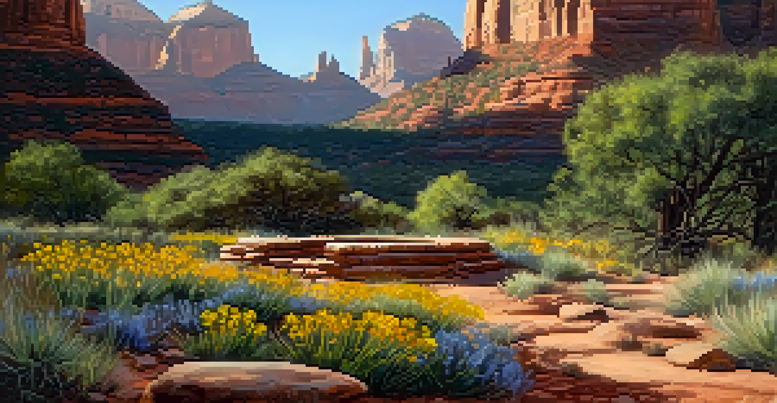A close-up view of ancient Native American ruins in Sedona, adorned with colorful wildflowers.