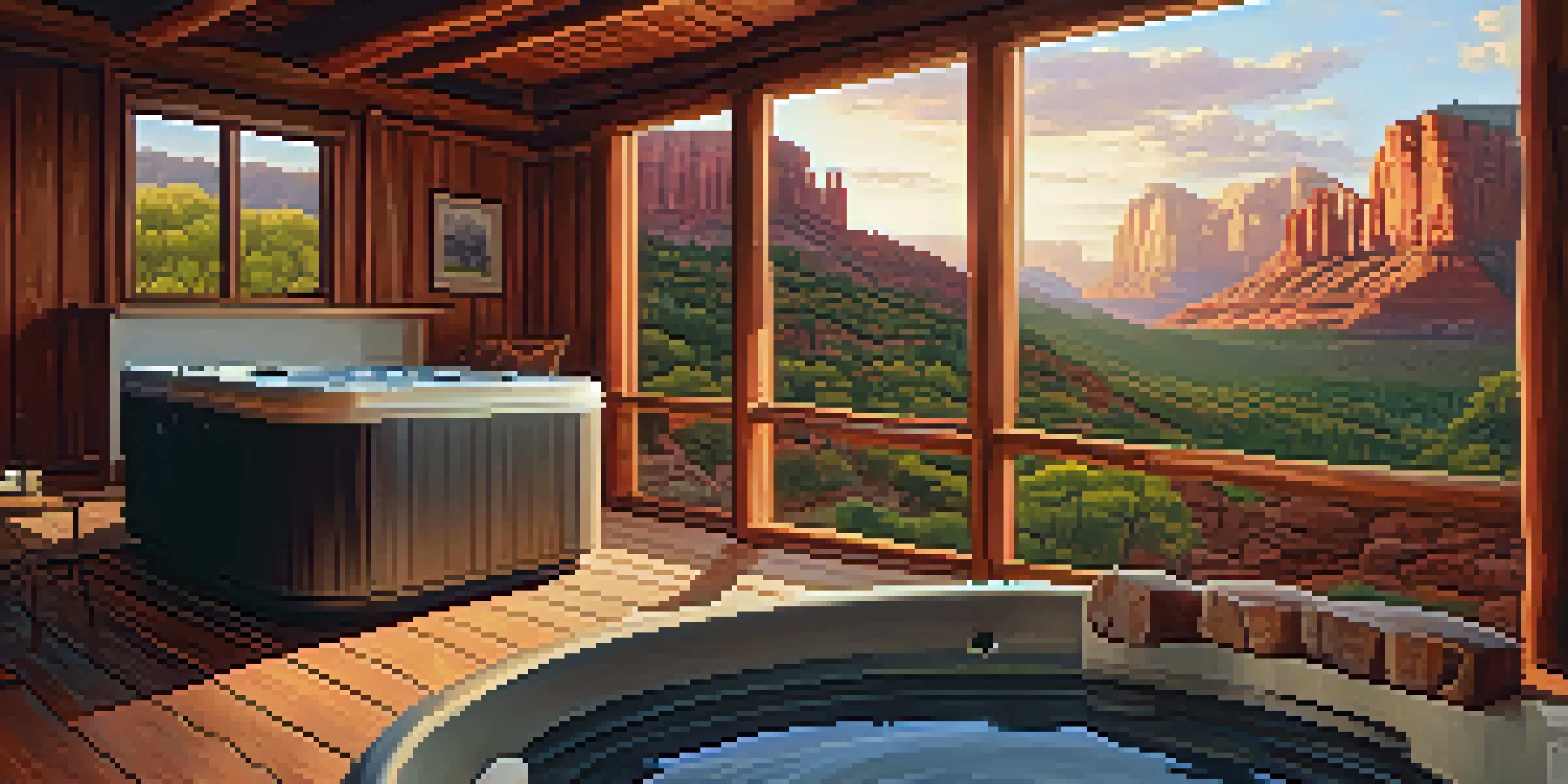 A rustic cabin perched on a cliff with large windows revealing stunning views of red rocks at sunrise, featuring a hot tub and a fire pit.