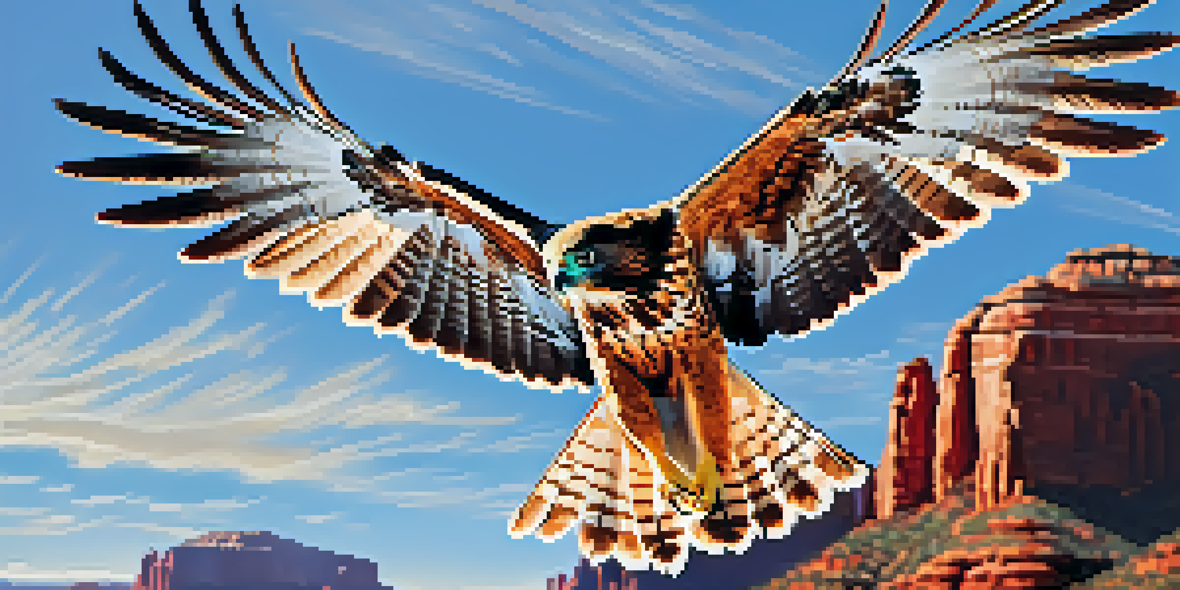 A red-tailed hawk flying in the sky with Sedona's red rock formations in the background, illuminated by sunlight.