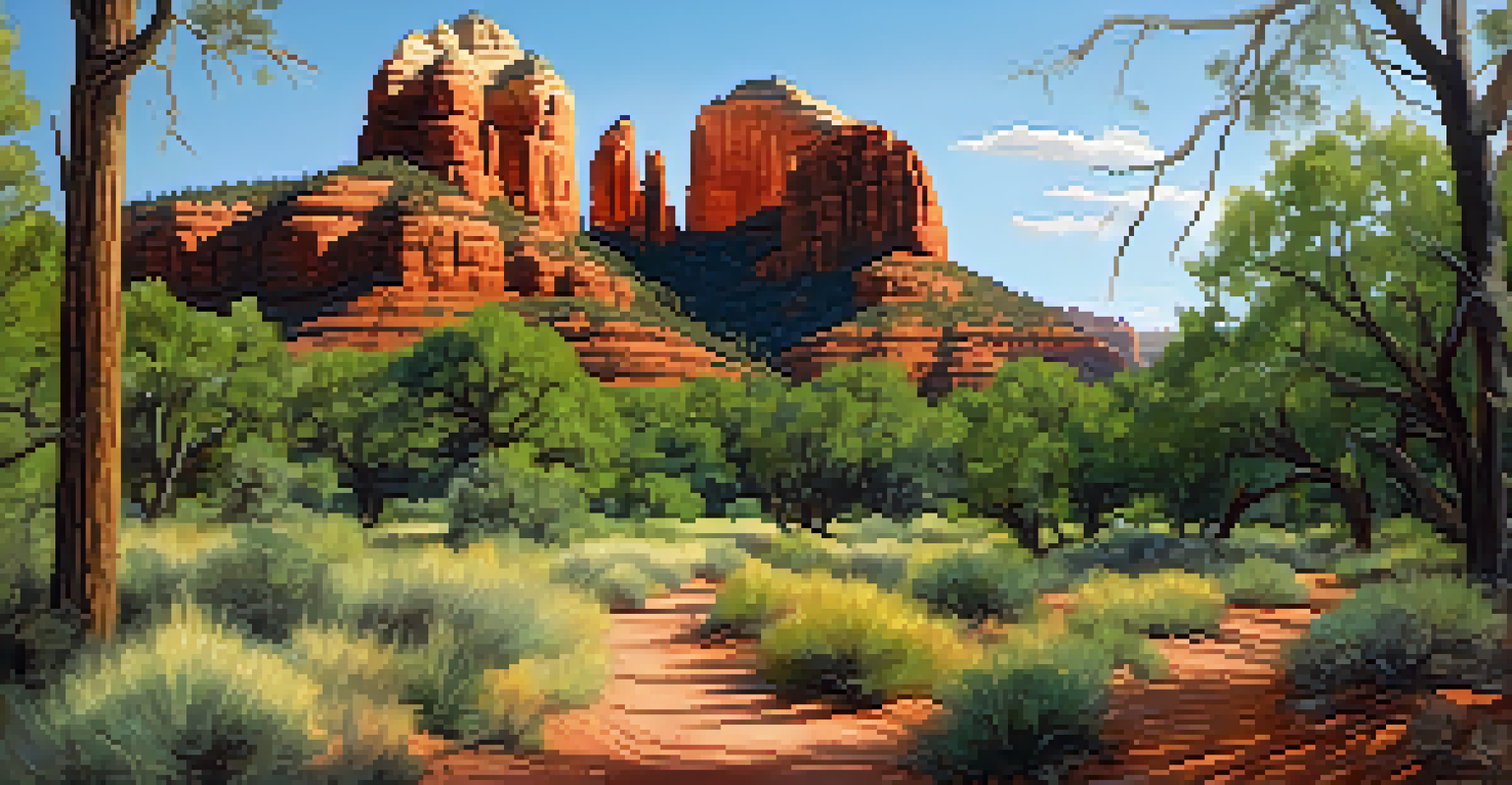 A winding path through a lush forest transitioning into a desert, with Cathedral Rock in the background under a blue sky.