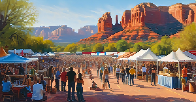 An outdoor music festival in Sedona with a diverse crowd, red rock formations in the background, and vendors selling crafts and food.