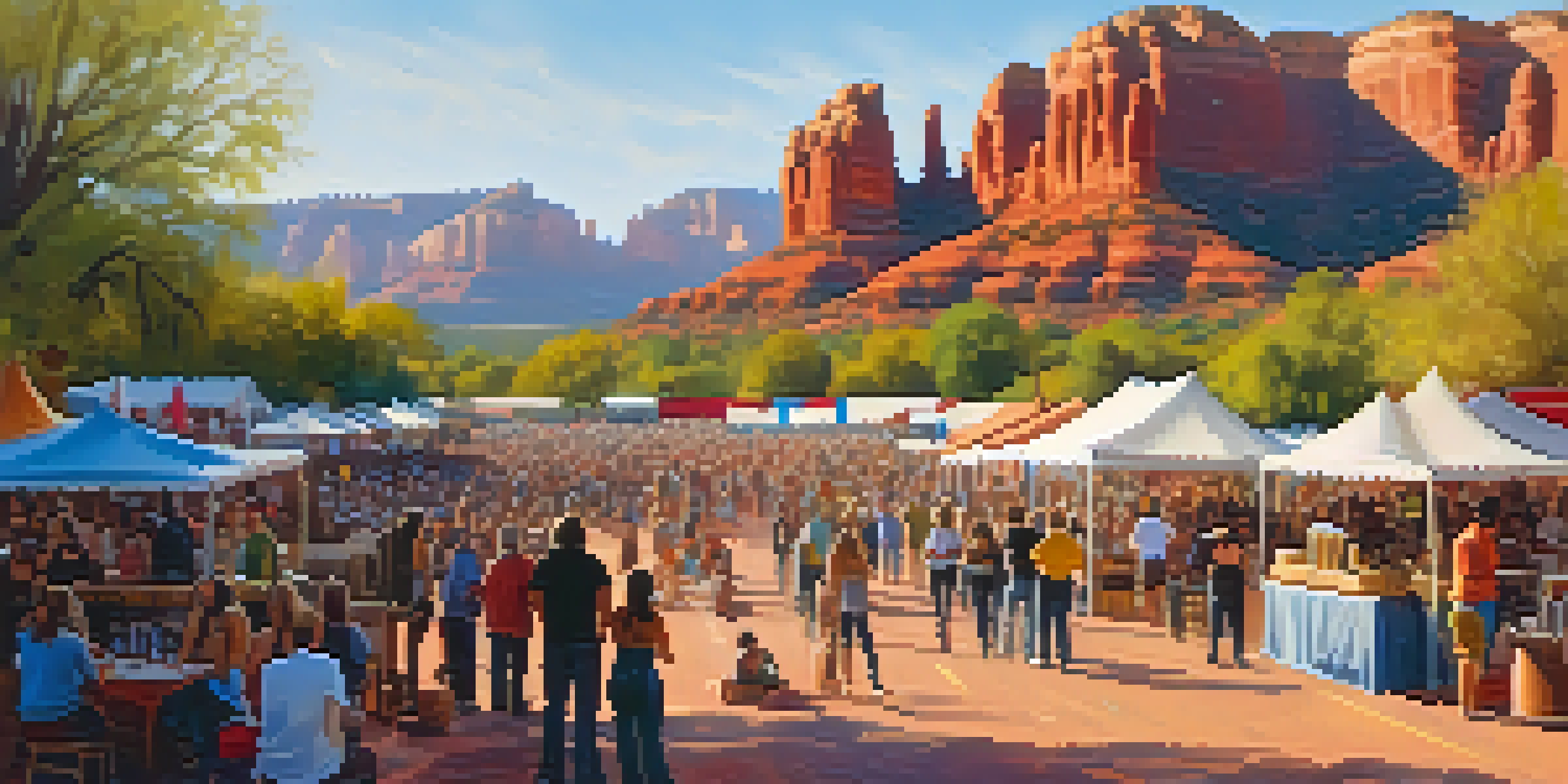 An outdoor music festival in Sedona with a diverse crowd, red rock formations in the background, and vendors selling crafts and food.