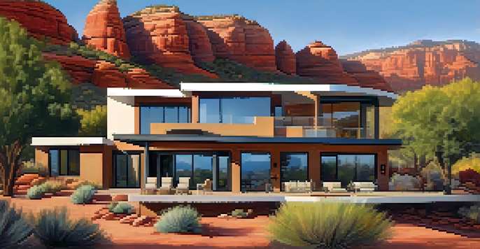 A modern home with solar panels in a desert landscape, surrounded by red rock formations and greenery under a blue sky.