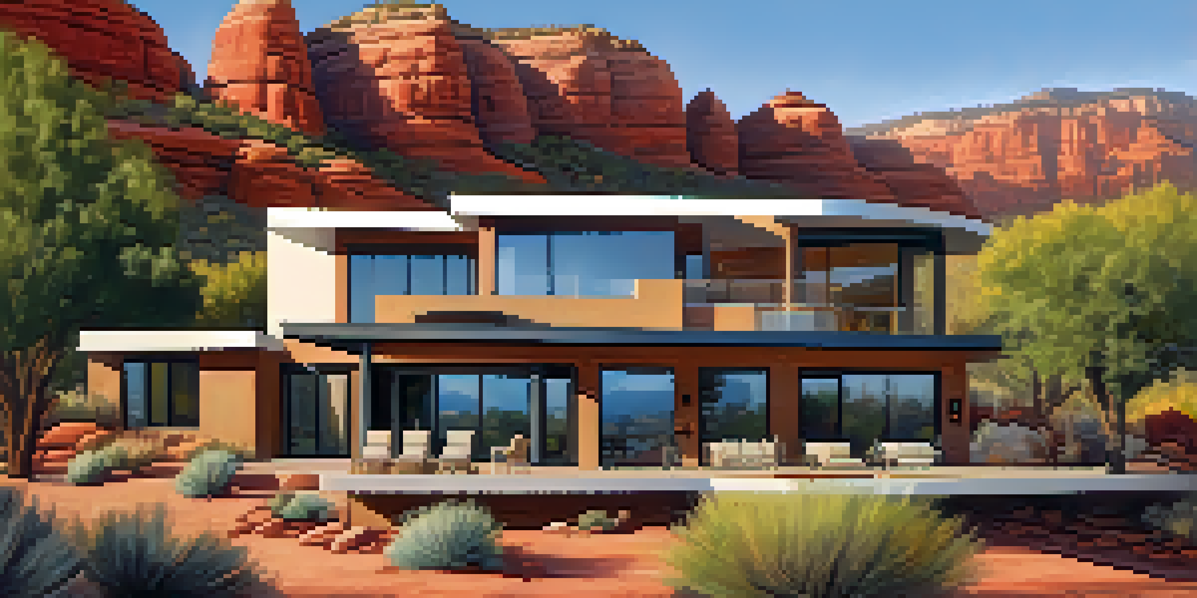 A modern home with solar panels in a desert landscape, surrounded by red rock formations and greenery under a blue sky.