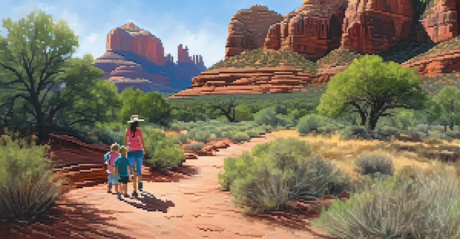 A family hiking along the trail at Bell Rock in Sedona, Arizona, with the iconic rock formation in the background.