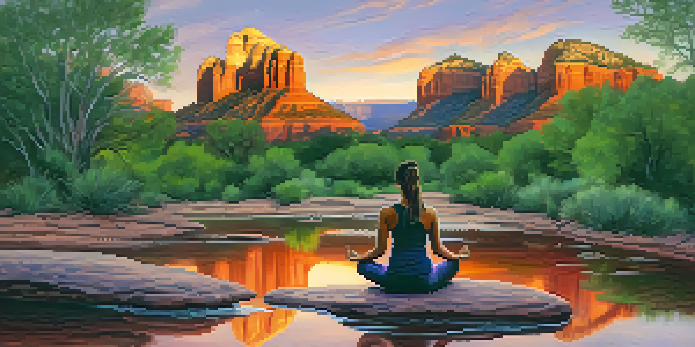 A person practicing yoga on a rock by a creek during a sunset in Sedona, surrounded by red rock formations and lush greenery.