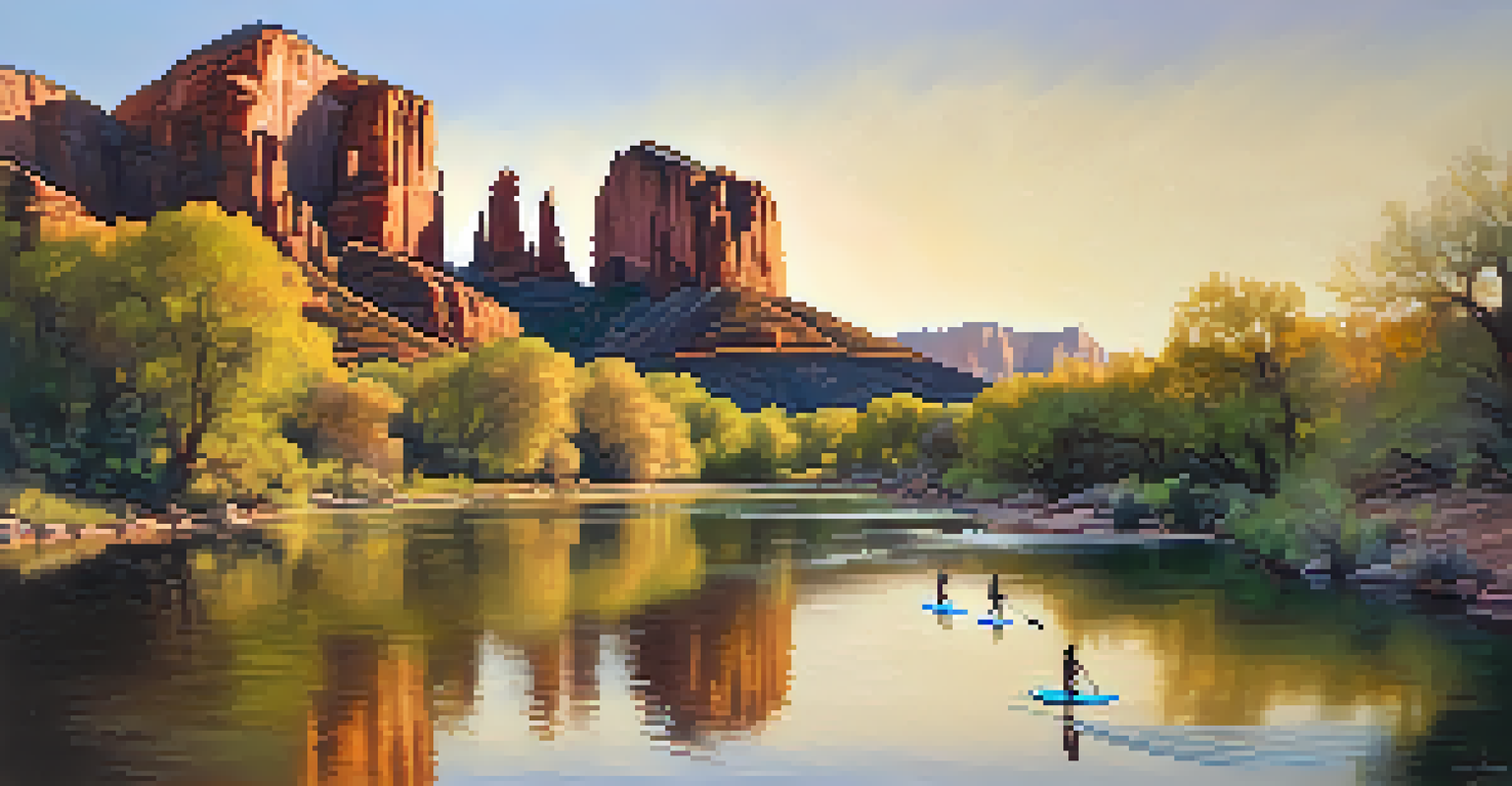 Aerial view of paddleboarders on a clear creek with Cathedral Rock in the background, under bright sunlight.
