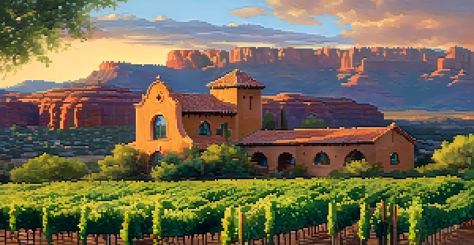 A scenic view of Chateau Tumbleweed winery amidst vineyards and red rocks under a sunset sky.
