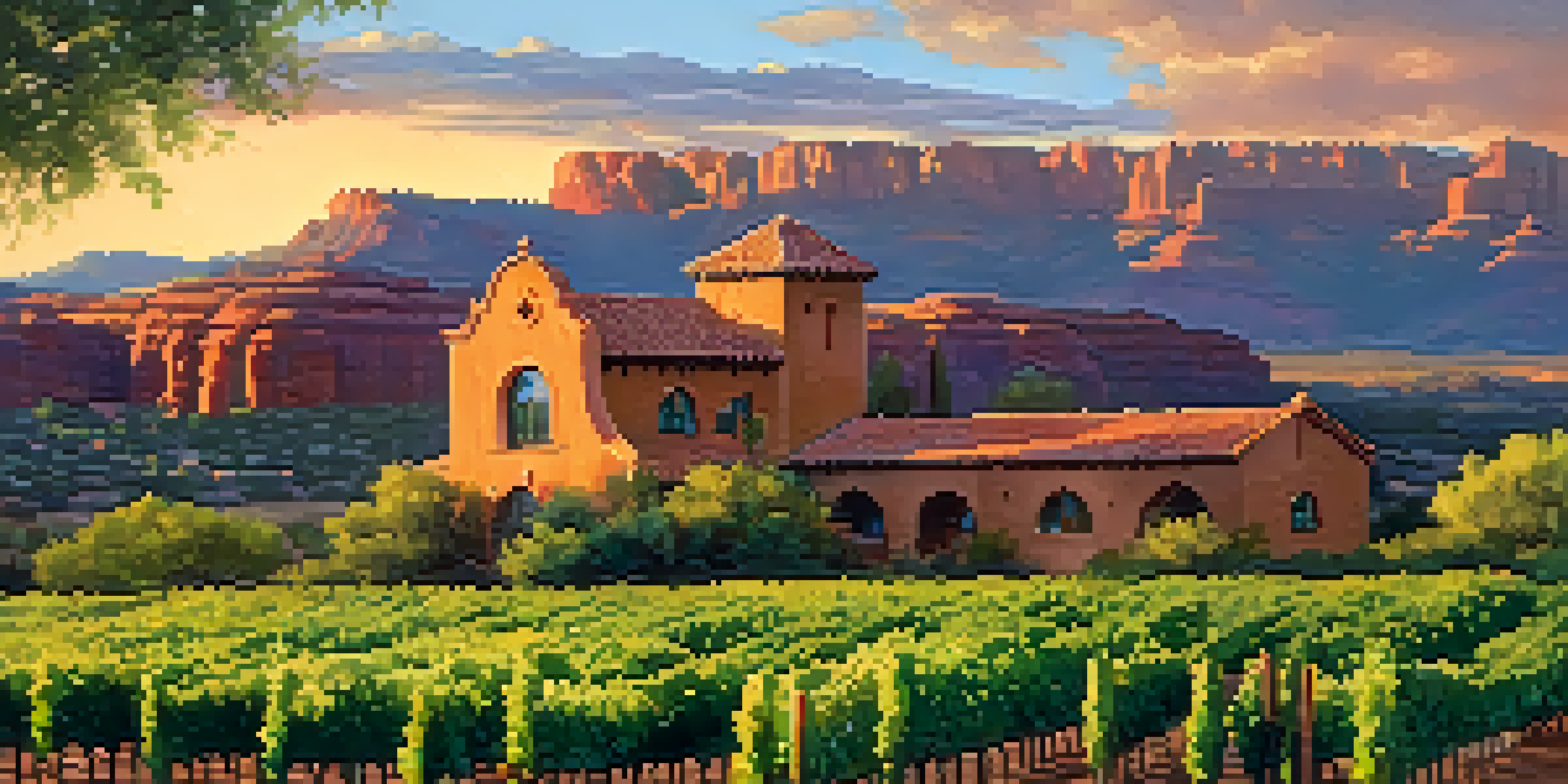 A scenic view of Chateau Tumbleweed winery amidst vineyards and red rocks under a sunset sky.