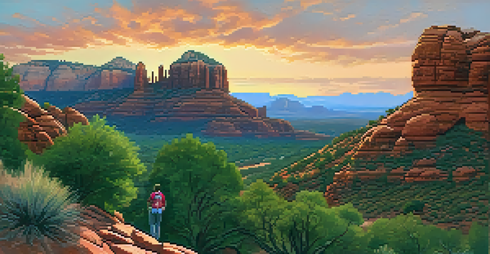 A hiker overlooking Sedona's red rock formations at sunrise, with a colorful sky and a winding trail.