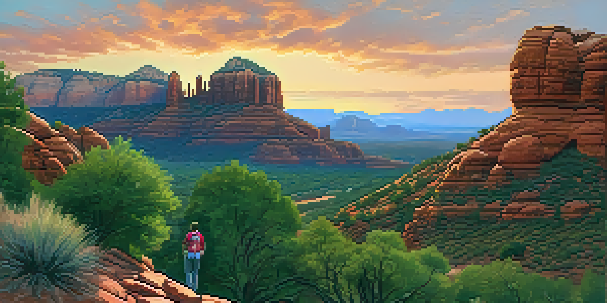A hiker overlooking Sedona's red rock formations at sunrise, with a colorful sky and a winding trail.