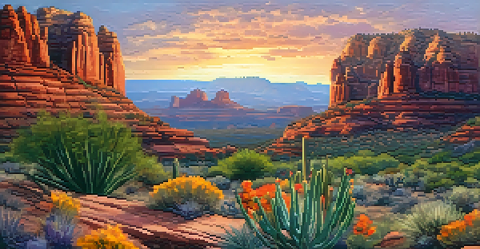 A scenic view of Sedona's red rocks at sunset, with a botanical garden in the foreground filled with native plants and butterflies.
