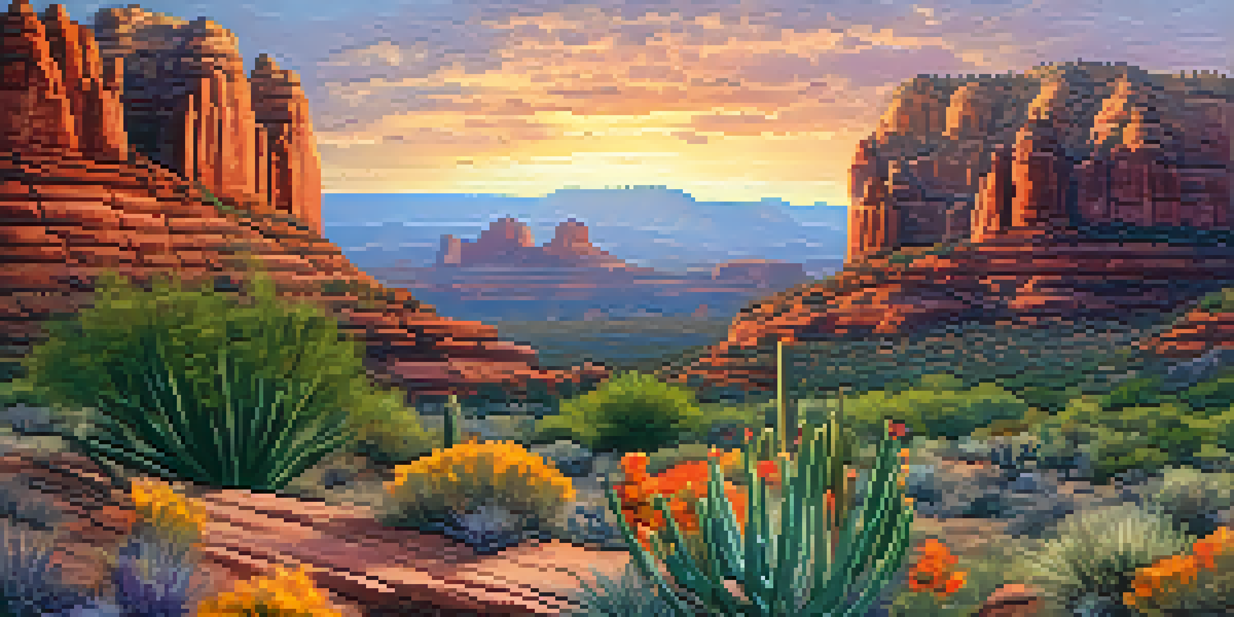 A scenic view of Sedona's red rocks at sunset, with a botanical garden in the foreground filled with native plants and butterflies.