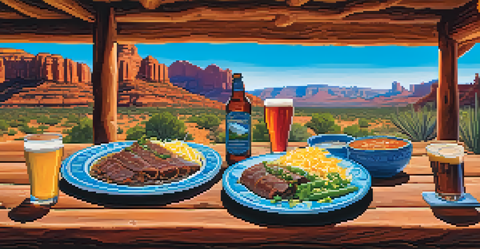 A rustic wooden table outdoors showcasing craft beers and Southwestern dishes, with red rock formations in the background.