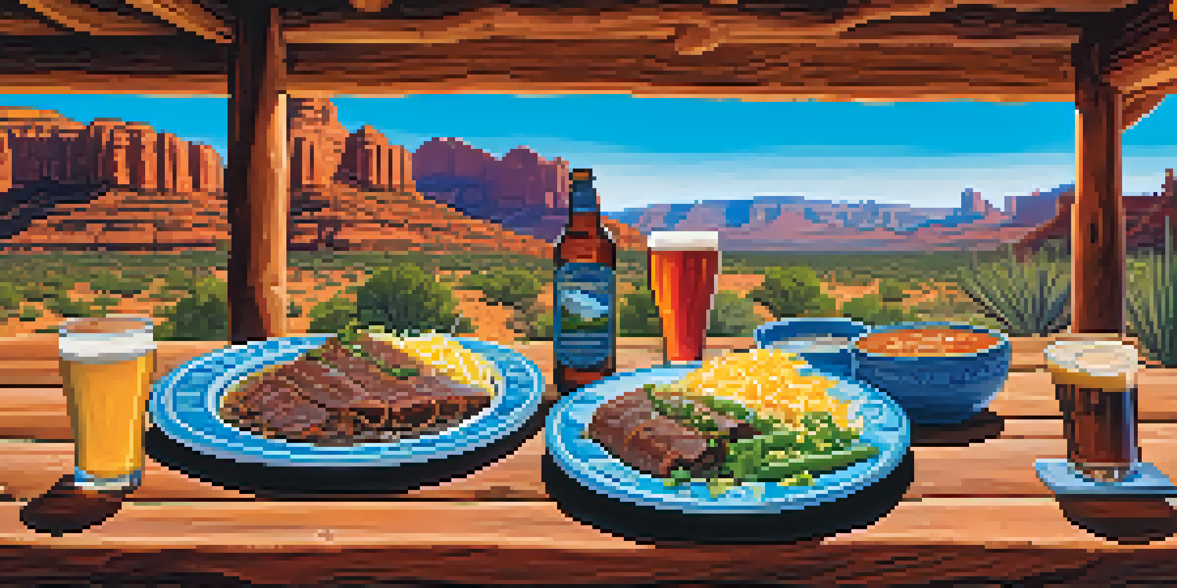A rustic wooden table outdoors showcasing craft beers and Southwestern dishes, with red rock formations in the background.
