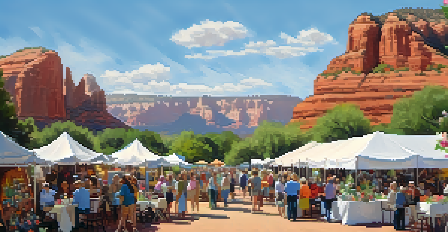 An outdoor art fair in Sedona with local artists and colorful displays surrounded by flowers.