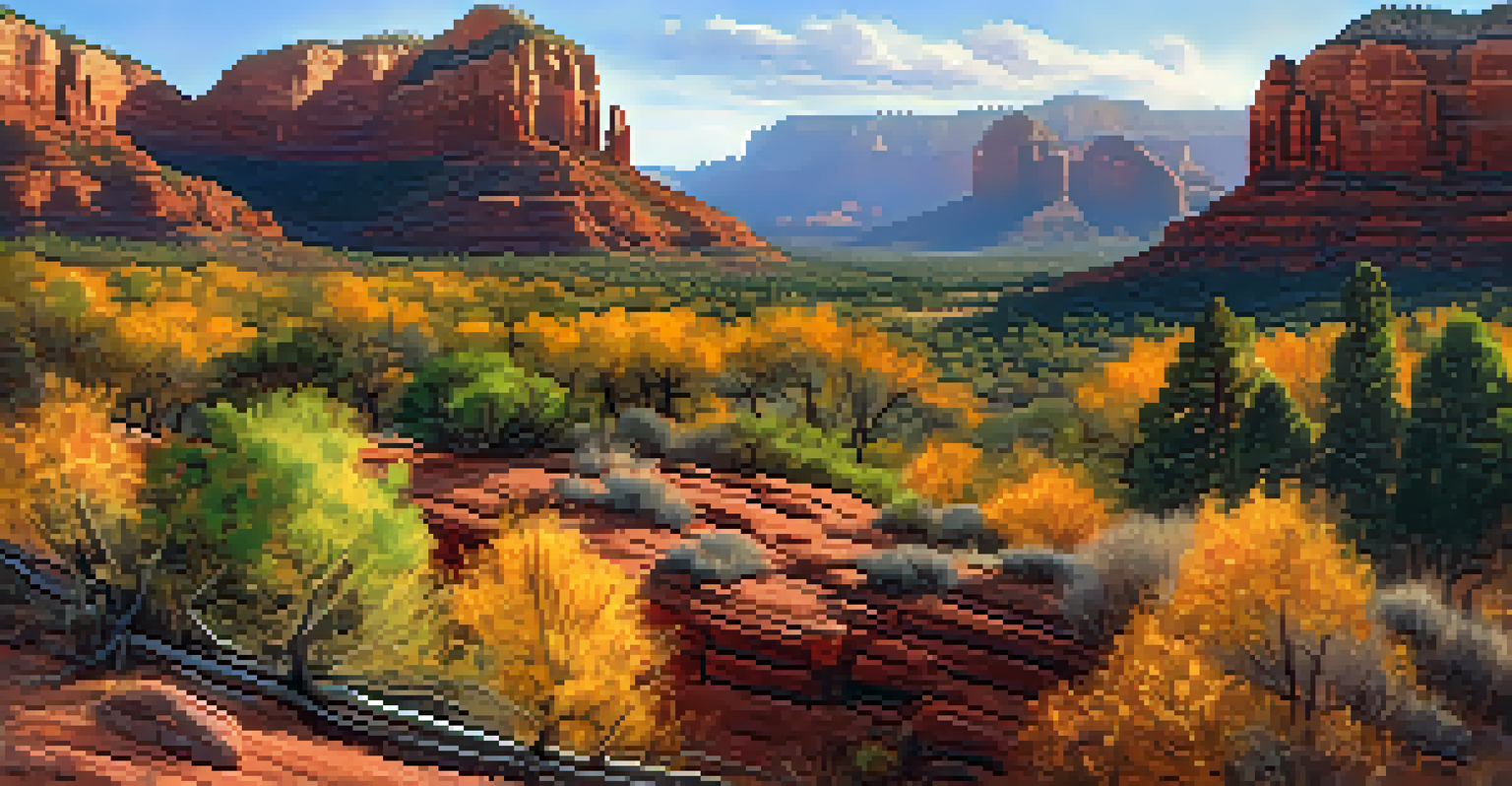 A panoramic view of Sedona's landscape in autumn, featuring colorful fall foliage and red rock formations.